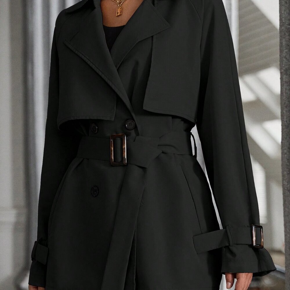 Black Casual Women's Raglan Sleeve Double Breasted Belted Trench Coat